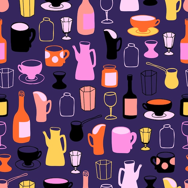 Vector seamless vector pattern with a set of dishes drawn in doodle style