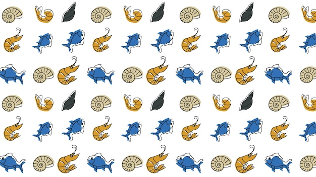 Seamless vector pattern with shells and fish