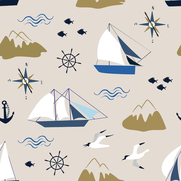 Seamless vector pattern with ships anchor steering wheel mountains birds and fishes Wind rose