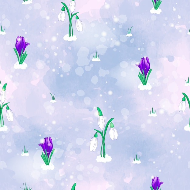 Seamless vector pattern with spring flowers white snowdrops and violet crocuses