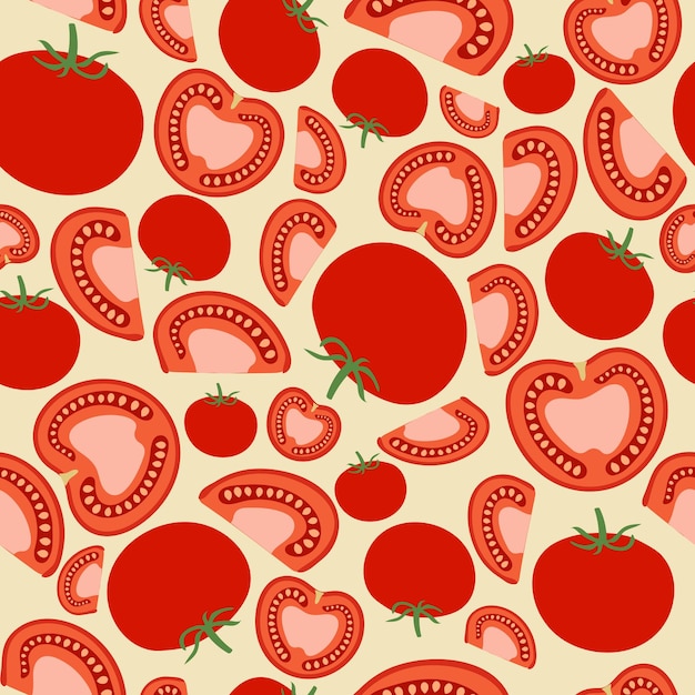 Seamless vector pattern with tomato and tomato slices Bright vegetable pattern