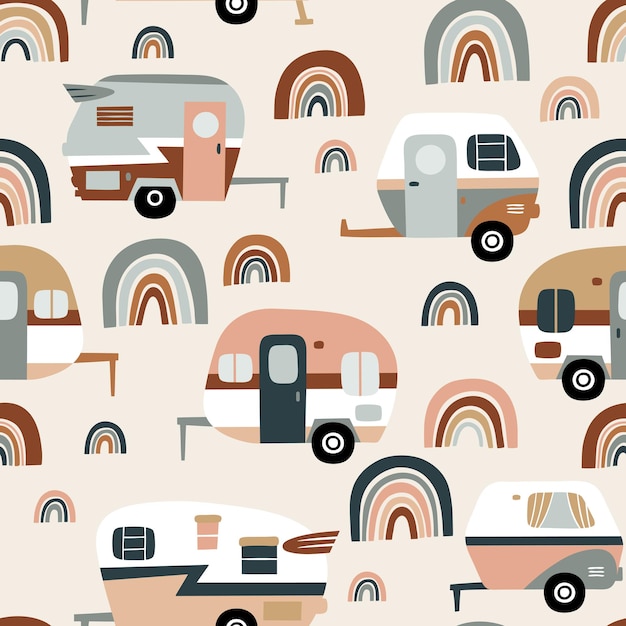 Seamless vector pattern with vintage camping trailers and cute rainbows.