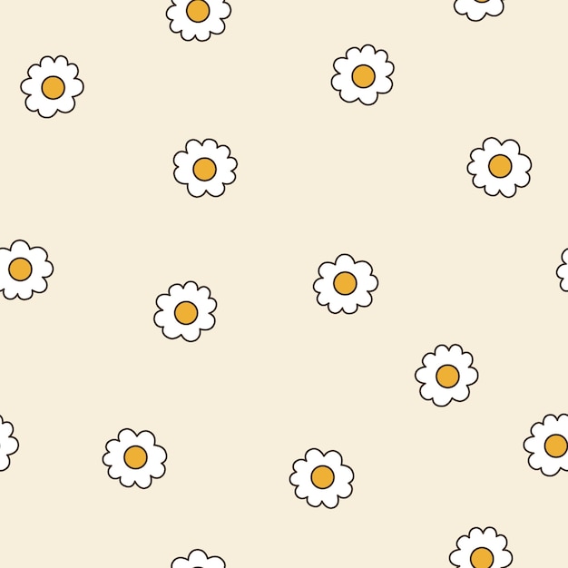 Seamless vector pattern with vintage daisy or camomile groovy flowers Country floral background