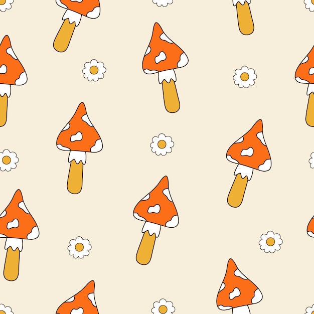 Seamless vector pattern with vintage mushrooms and daisy flowers cute cartoon background