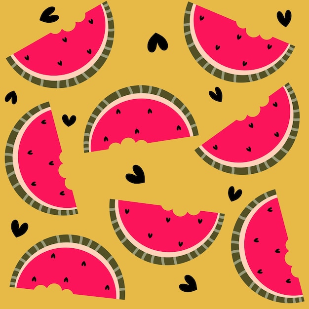 Seamless vector pattern with watermelon slice and hearts