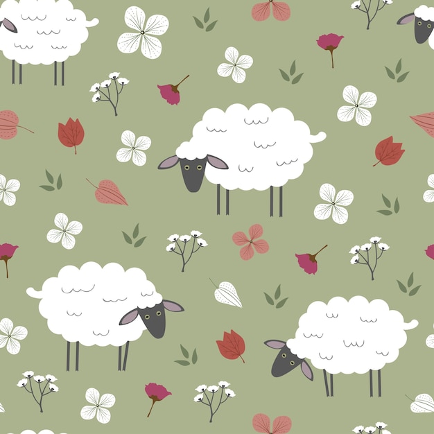 Seamless vector pattern with white sheeps with black muzzles graze in a green meadow