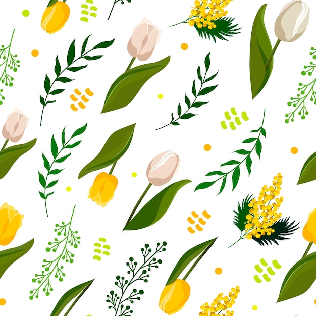 Seamless vector pattern with white tulips and yellow mimosa Flat design with flowers for textile