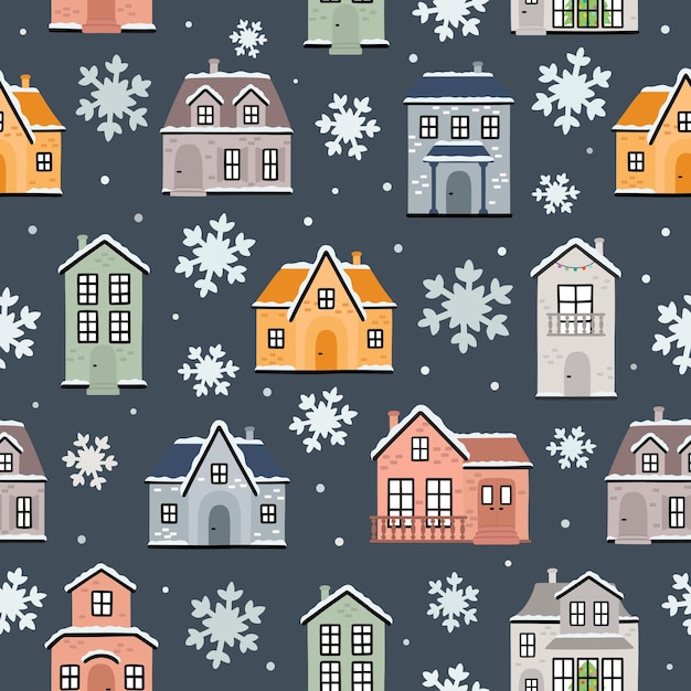 Seamless vector pattern with winter houses and snowflakes. winter pattern for fabrics, clothing, holidays, packaging paper, decoration.