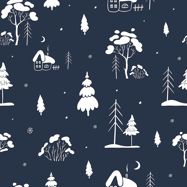 Seamless vector pattern with winter illustration christmas tree trees and houses in the forest