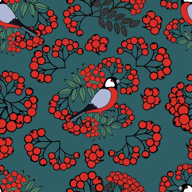 Seamless vector pattern with winter natural motives rowan branches bullfinches and snowflakes