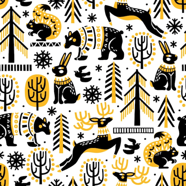 Seamless vector pattern with woodland animals woods and snowflakes