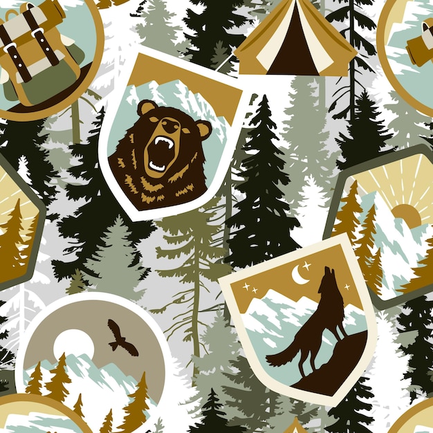 Seamless vector pattern with woodland vintage patches on pine tree background.