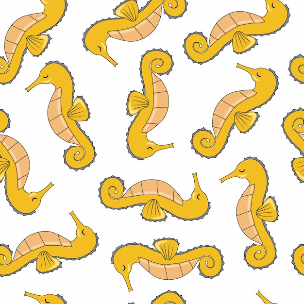 Vector seamless vector pattern with yellow sea horses on white background cute sea horse pattern for kids