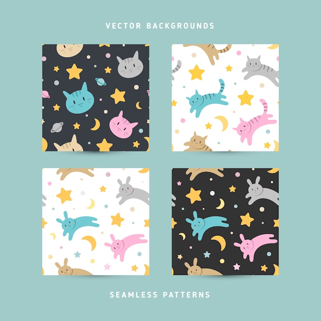 Seamless vector patterns with cute cats and rabbits