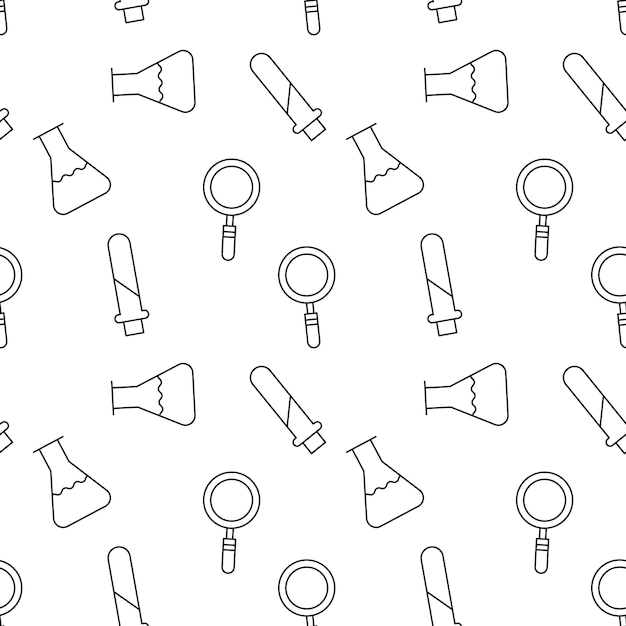 Seamless vector repeating pattern of magnifying glass and labs for experiments