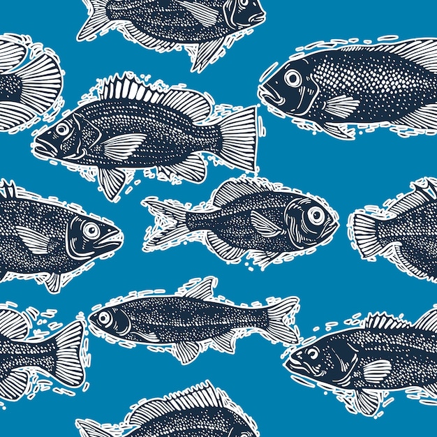 Seamless vector sea pattern, different fish silhouettes. hand drawn fauna wallpaper, aqua nature continuous background