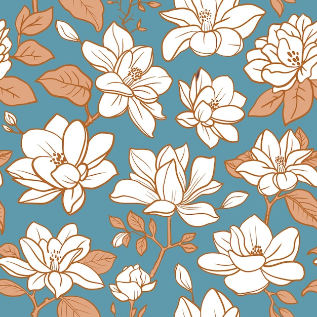 Seamless vector spring floral pattern Magnolia branches with flowers and leaves