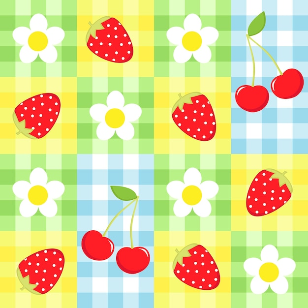 Seamless vector strawberry cherry and flowers pattern