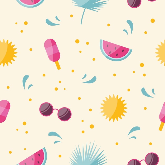 seamless vector summer pattern with watermelon ice cream glasses palm tree and sun