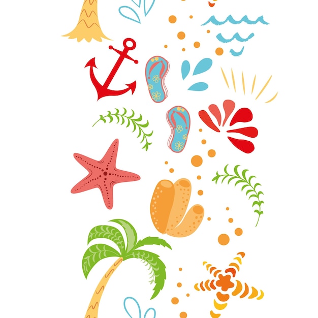 Seamless vector summer vacation border with hand drawn palm tree seastar anchor summer colors on white background