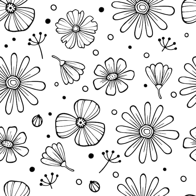 Seamless vector vintage pattern with victorian bouquet of black flowers on a white background. garden roses, tulips, delphinium, petunia. monochrome.