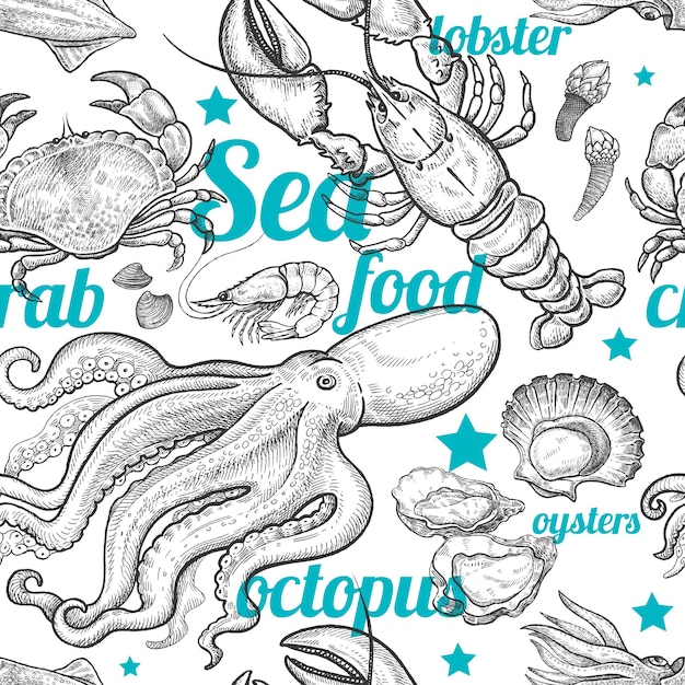 Seamless vector white background with variety of marine animals