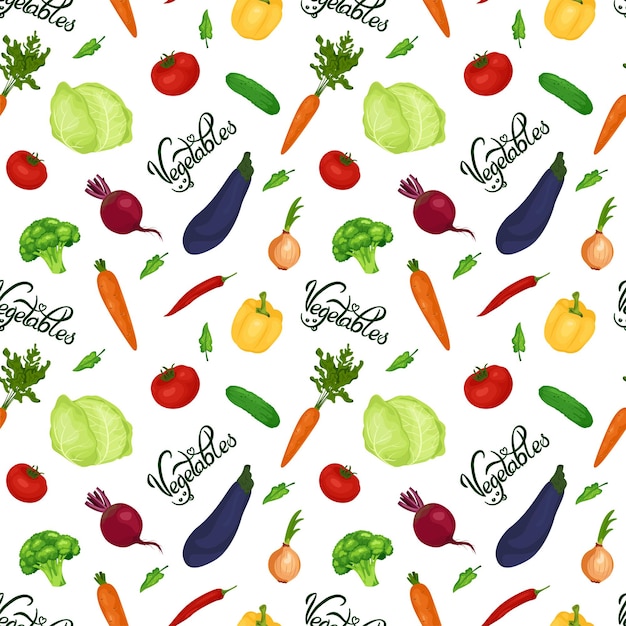 Бесшовный рисунок овощей с надписью "овощи" Органическая здоровая пища
