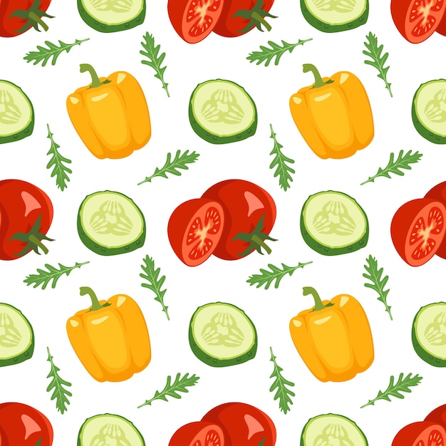 Seamless vegetables pattern with tomato cucumber leave of arugula and pepper on white background Healthy vegan food print for textiles paper and designs Vector flat illustration