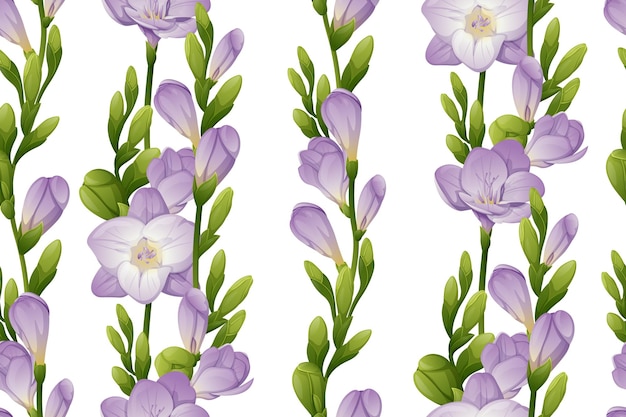 Motivo verticale senza cuciture con fiori di fresia viola e boccioli verdi carta da parati in tessuto carta da imballaggio carta per scrapbooking