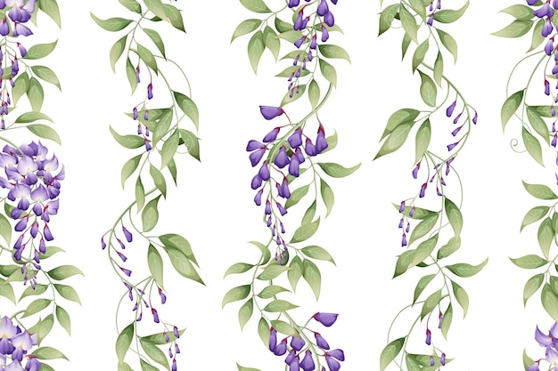 紫色の藤と緑の葉のシームレスな垂直パターン壁紙生地包装紙