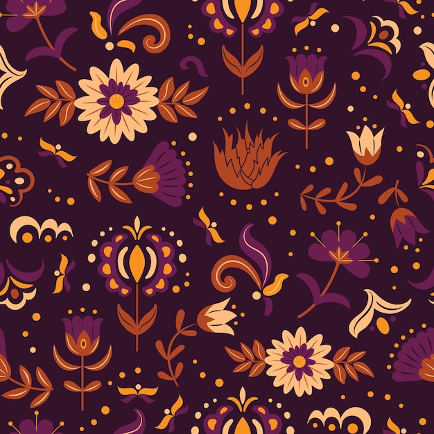 Vector seamless vintage pattern mexican or slavic folk flowers set colorful buds and leaves for day of the dead dia de los muertos or cinco de mayo festival floral design hispanic heritage month