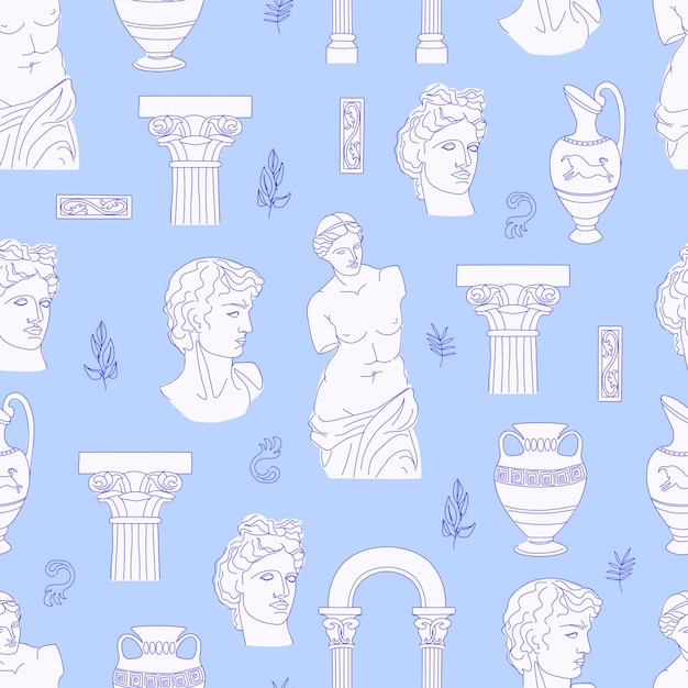 Seamless vintage pattern with antique statues on a pink background