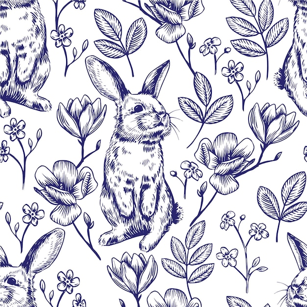 seamless vintage pattern with easter bunnies and spring flowers. blue color sketch, graphic