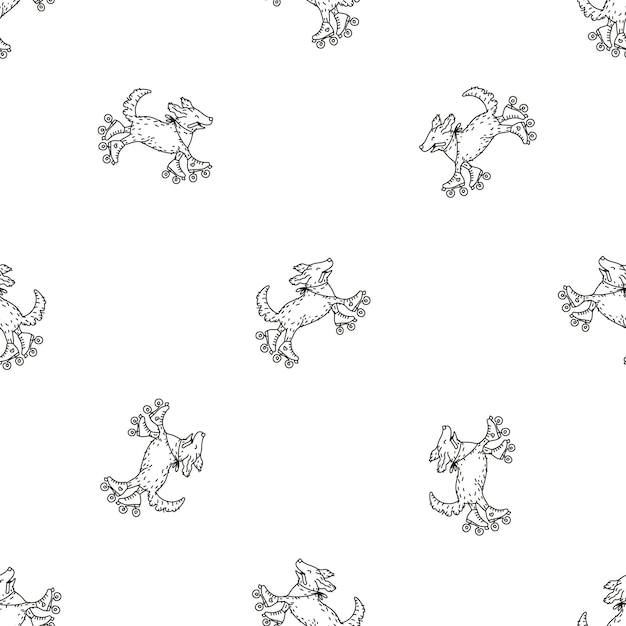 Seamless vintage pattern with funny dogs on roller skates