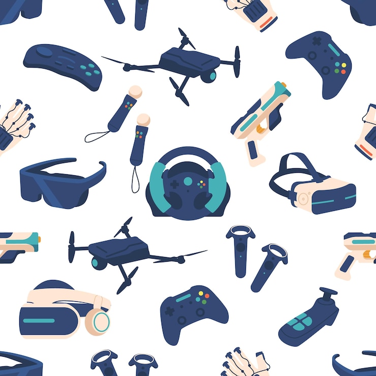 Vector seamless virtual reality accessories pattern featuring a variety of headsets controllers and other vr gear