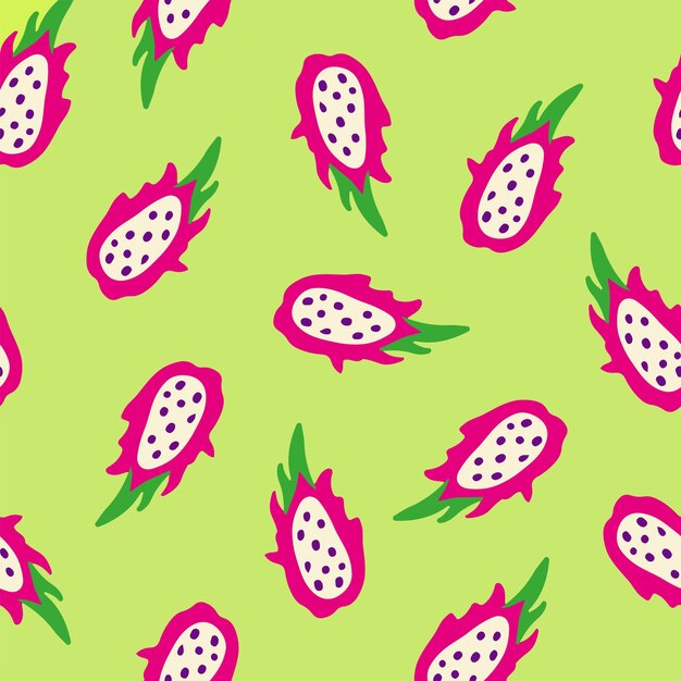 Seamless vivid pattern with dragon fruits pitaya on green background