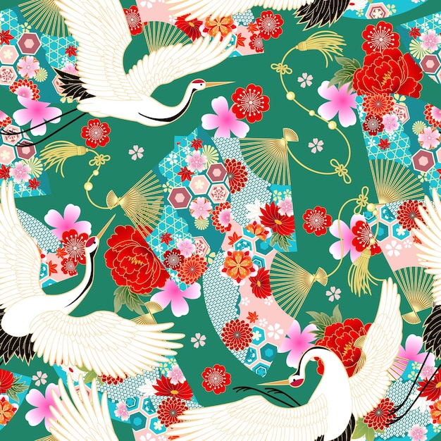 Vector seamless wallpaper with fans in asian style for design of summer dress fabrics