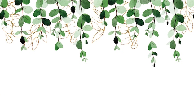 Seamless watercolor border with eucalyptus leaves and golden elements isolated on white background