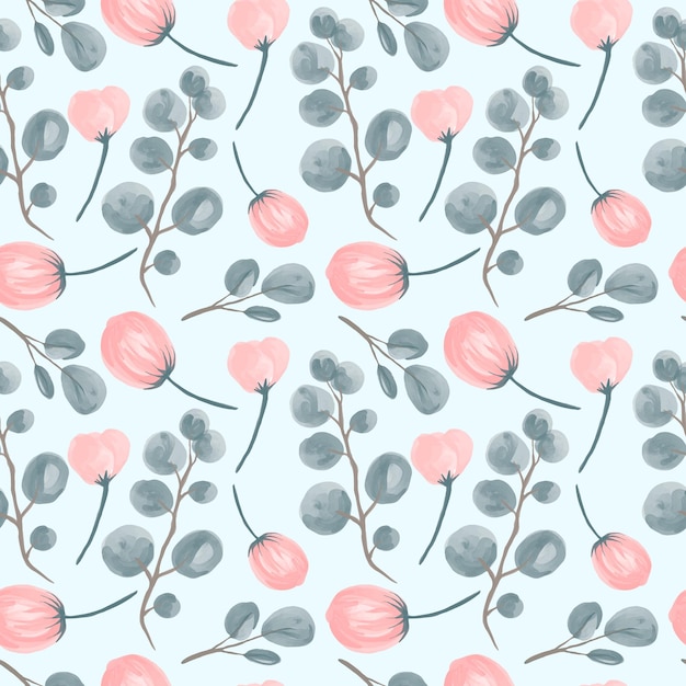 Seamless watercolor floral pattern Composition of sprigs of eucalyptus and rosebuds