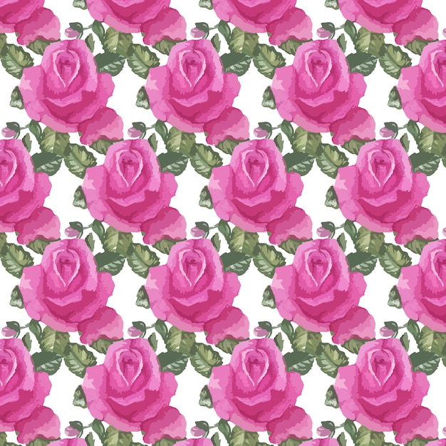 Vector seamless watercolor floral pattern - pink roses with leaves