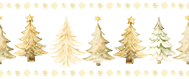 Seamless watercolor gold Christmas tree pine border hand drawn gold fir row vector illustration