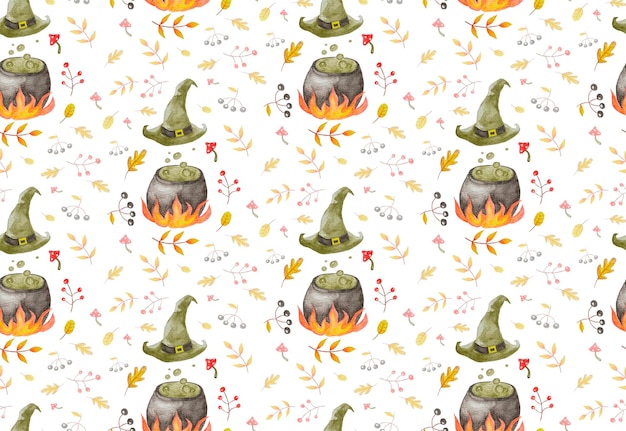 Seamless watercolor halloween pattern. Witch hat, witch cauldron, hand drawn berries