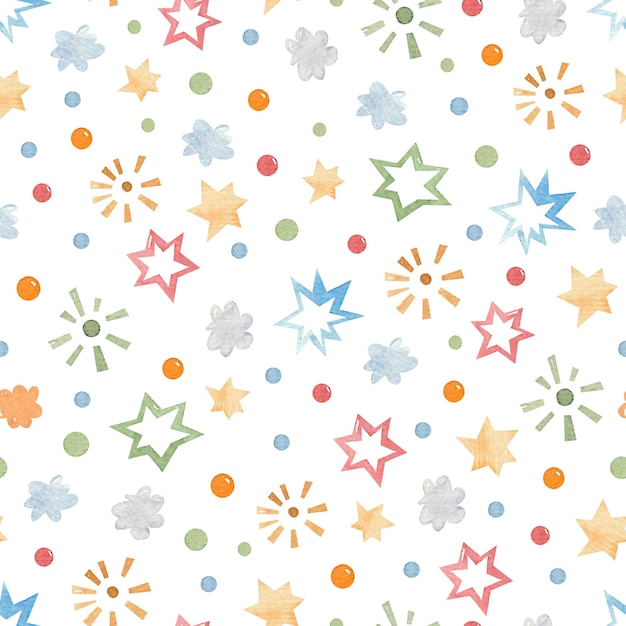 Seamless watercolor New Year pattern with stars and confetti