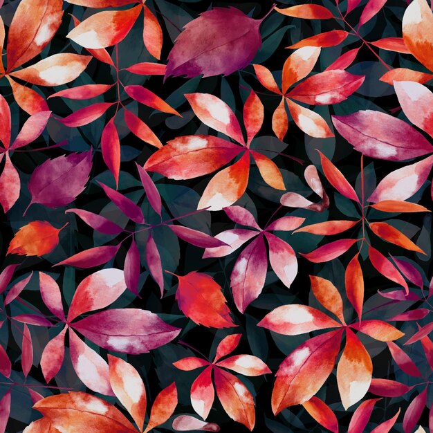 Seamless watercolor pattern of autumn red and brown leaves