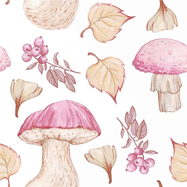 Seamless watercolor pattern on an autumn theme in delicate pink and beige shades, mushrooms