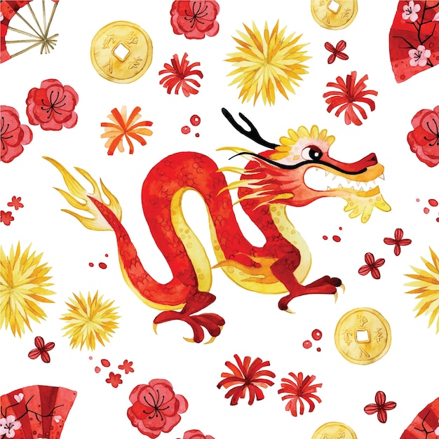 seamless watercolor pattern Chinese New Year red dragon gold and red fireworks flowers on a white