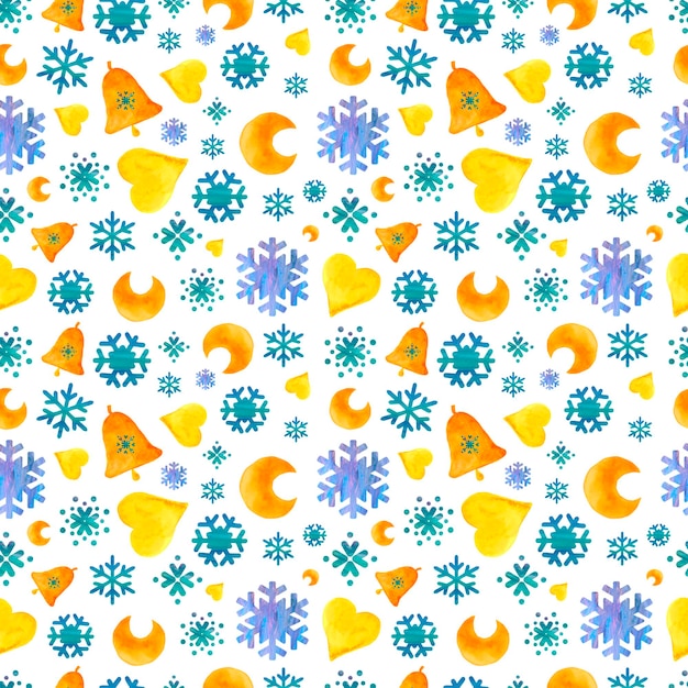 Seamless watercolor pattern of snowflakes hearts bells Handdrawn