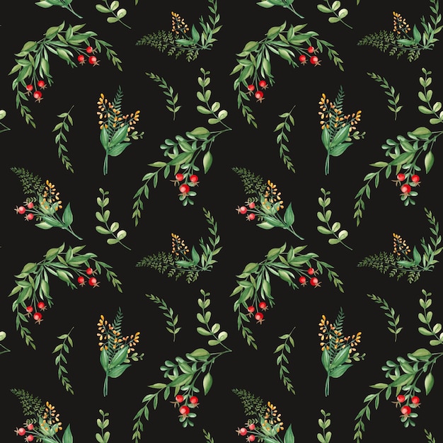 Vector seamless watercolor pattern with black branches yellow wildflowers and red berries on black