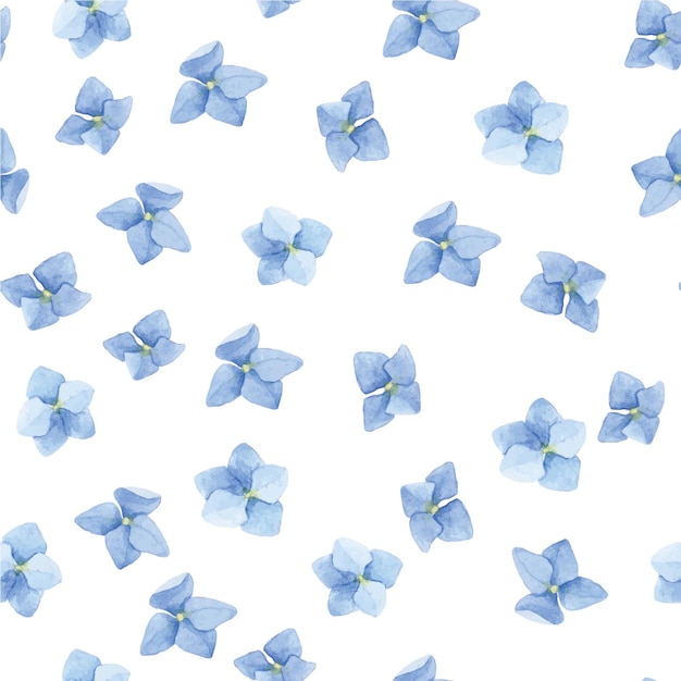 아이들을 위한 흰색 배경의 귀여운 프린트에 파란색 수국 꽃이 있는 매끄러운 수채화 패턴