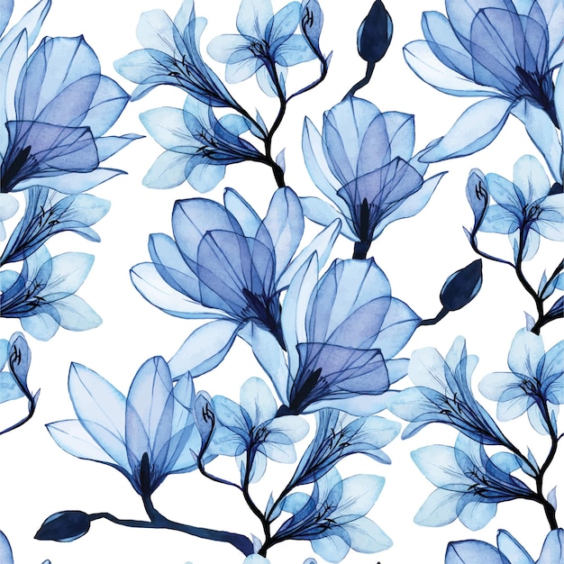 seamless watercolor pattern with blue transparent magnolia and freesia flowers. gentle vintage